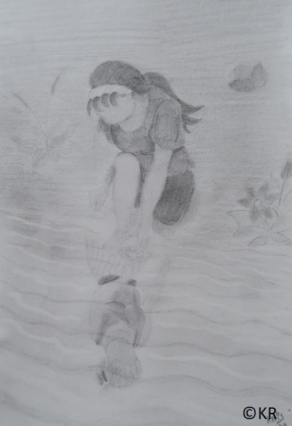 Een meisje ontdekt haar Geliefde in de weerspiegeling in een wateroppervlak.