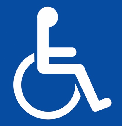 Het pictogram van een rolstoelgebruiker, het universele symbool van (Mensen met een) Handicap. Het pictogram is wit, op een donkerblauwe achtergrond.