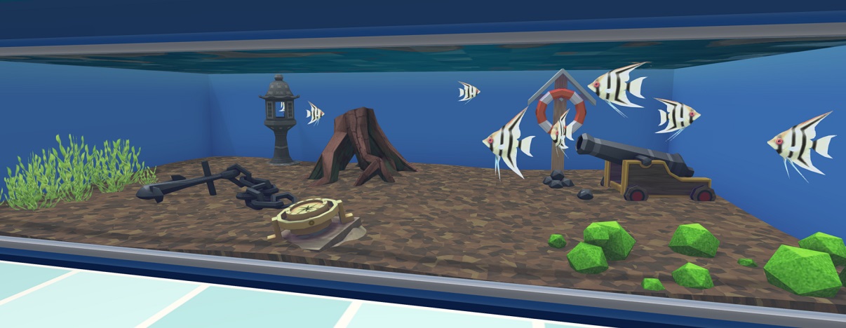Acht Maanvissen (één zit verstopt achter een sierlantaarn) zwemmen in een Zoetwateraquarium.
