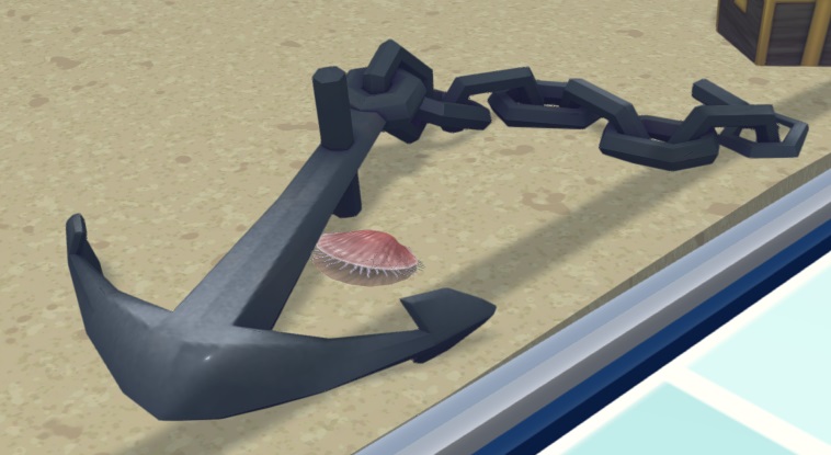 Een Antarctic Scallop naast een Ankerversiering. Dit Schelpdier beweegt zich vrij rond, wat in Megaquarium garant staat voor hilarische animaties.