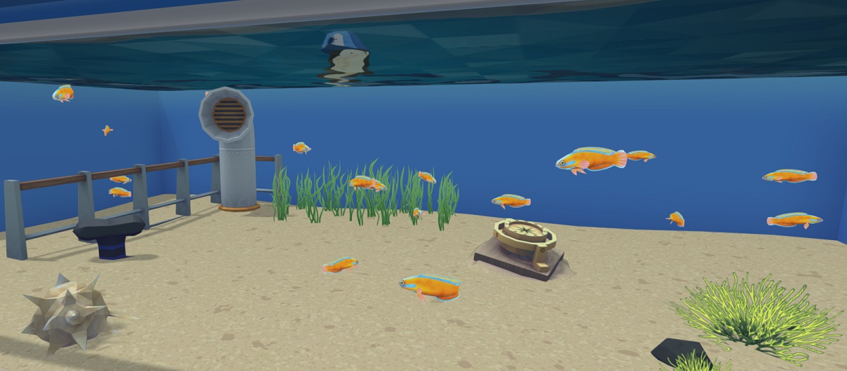 Zestien Kobaltblauwe Dwergbaarzen in een gedecoreerd Aquarium.