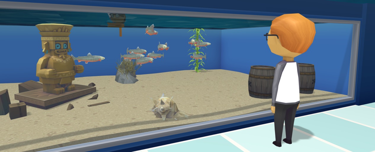 Een Bezoeker, vanop de rug gezien, bekijkt een Aquarium waarin tien Trekzalmen hun rondjes zwemmen.