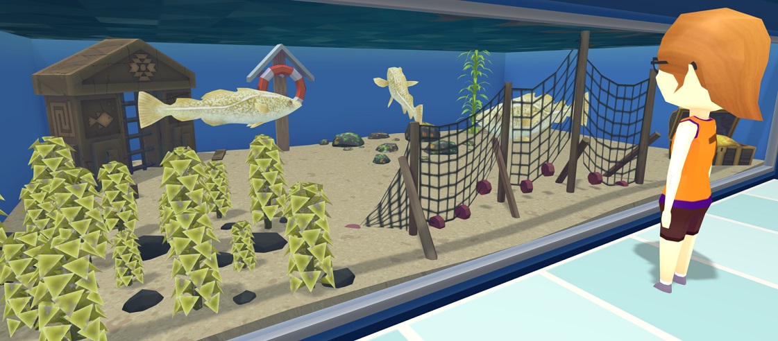 Een Bezoeker bekijkt een Aquarium met drie Kabeljauw-vissen.