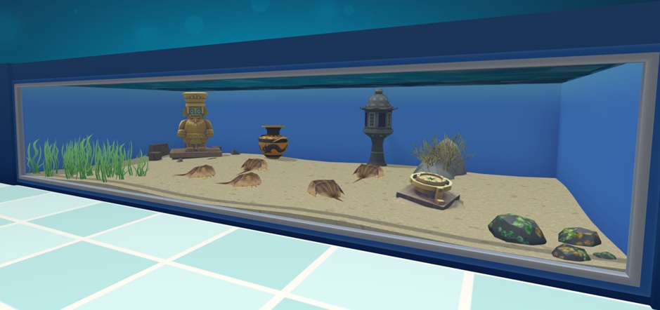 Een Muur-Aquarium waarin vijf Atlantische Degenkrabben over de bodem lopen, als 'mini-tanks'. Het Aquarium bevat eveneens een Azteeks Standbeeld, Zeegras, een Griekse Vaas, een Lantaarn, een Kompas, Rubberweed en Levende Rotsen.