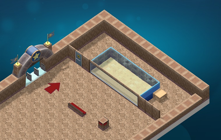 De Ingang, een Aquarium, een Zitbankje, een Bezoekerspijl, Muurpanelen en een Vuilnisbak 'geschilderd' in Azteekse stijl nummer één.