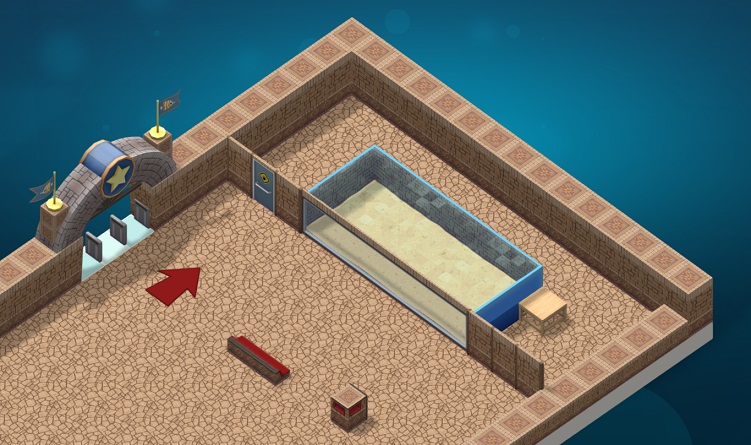 De Ingang, een Aquarium, een Zitbankje, een Bezoekerspijl, Muurpanelen en een Vuilnisbak 'geschilderd' in Azteekse stijl nummer twee.