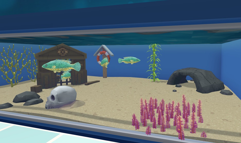 Vier Gevlekte Lipvissen in hun Aquarium, met een Kleine Grot als schuilplaats.