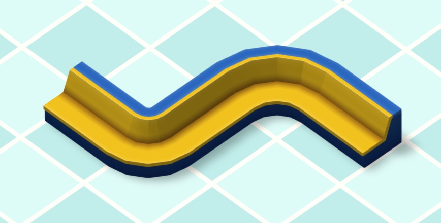 Een Banquette Seating-bank in golfvorm, geschilderd in standaardstijl (blauw-geel).