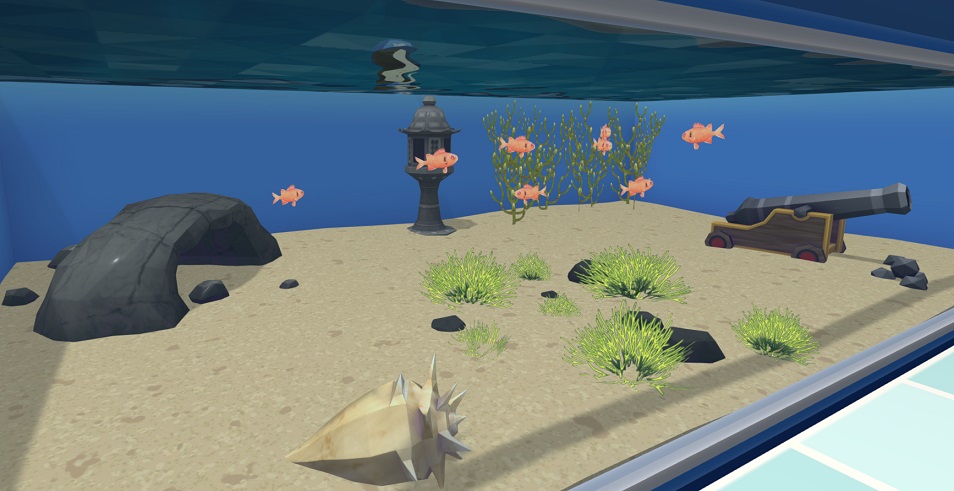 Een Groot Muur-Aquarium, met acht Blackbar Soldierfishes en een Kleine Grot als schuilruimte.