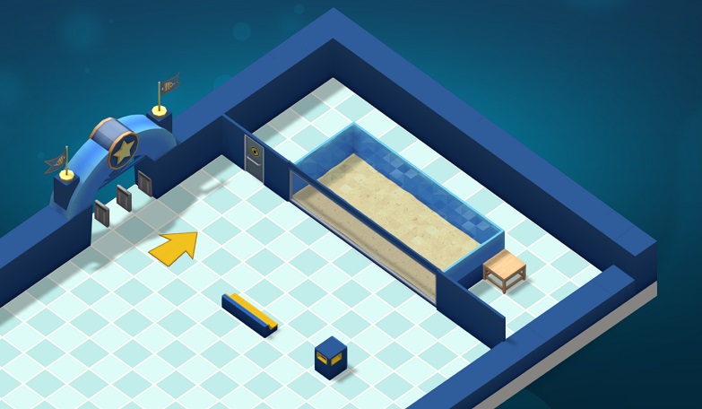 De standaardstijl van jouw Aquarium: tegels in twee verschillende blauwe tinten. Eveneens op de foto in deze stijl: een Bezoekerspijl, een Zitbank, een Vuilnisbak, de Aquarium-ingang en een Muur-Aquarium met Muurpanelen.