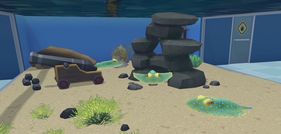 Drie Blauwgespikkelde Pijlstaartroggen in hun Aquarium, met een Pitted Column voor Schuilruimte en een Kanon ter Versiering.