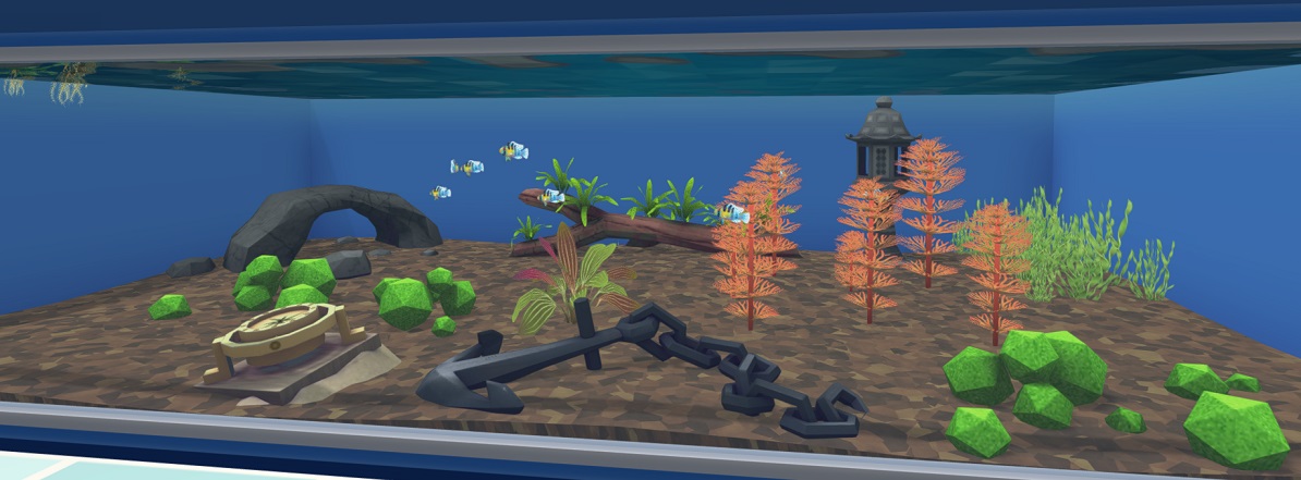 Zes Antennebaarsjes zwemmen in hun Zoetwateraquarium, met een Kleine Grot als Schuilplaats en een Lantaarn, een Kompas en een Anker ter versiering.
