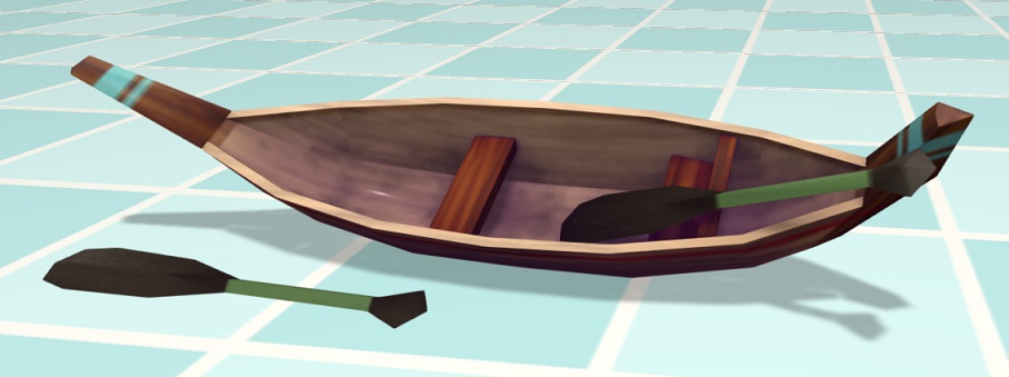 Een kleine Kano ligt met de bovenkant naar voren gekanteld. In de Kano ligt een roeispaan; voor de Kano ligt een andere roeispaan.