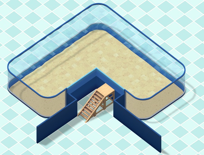 Een driehoekig 'Chicago'-Aquarium, met Zijpanelen en een  Aquariumtrap in het midden van de langste zijde.