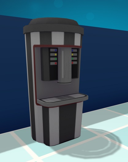 Een Koffie-Automaat. De Automaat is verticaal gestreept (afwisselend witte en zwarte strepen) en heeft twee sets knoppen voor de keuze. Eveneens zijn er vooraan twee uitsparingen waar de koffiebekertjes gevuld worden.