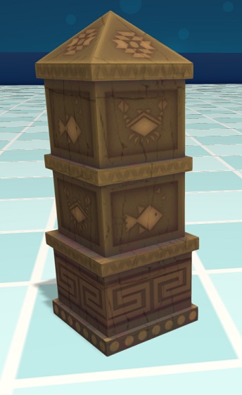 Een vierhoekige Kolom, versierd met afbeeldingen van Vissen en Krabben op de zijvlakken. Boven- en onderaan is de Zuil versierd met geometrische motieven. Bovenaan lopen de vier zijden naar één punt en vormen zo een kleine piramide.