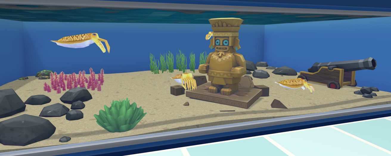 Vier Gewone Zeekatten zwemmen rond in hun Aquarium. Ter Decoratie staan er een standbeeld in Azteekse stijl, en een Kanon. En natuurlijk ook veel Rotsen.