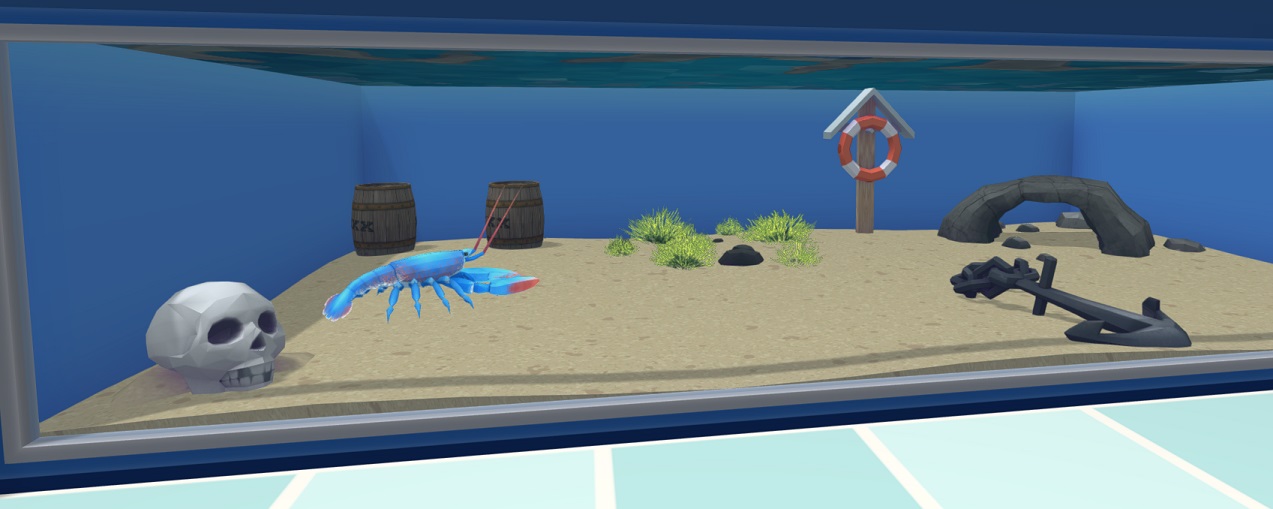 Een Noordzeekreeft loopt op de bodem van zijn Aquarium. Toegevoegd ter Versiering zijn een Reddingsboei, een Anker, twee Tonnen en een Schedel. Er staat eveneens een Kleine Grot, die de Kreeft tot Schuilplaats dient.