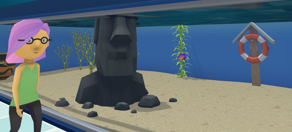 Een Bezoeker loopt langs een Aquarium met een Gestreepte Dwergkeizersvis erin. Het visje is zichtbaar in het midden van een verticale Kelp-plant.