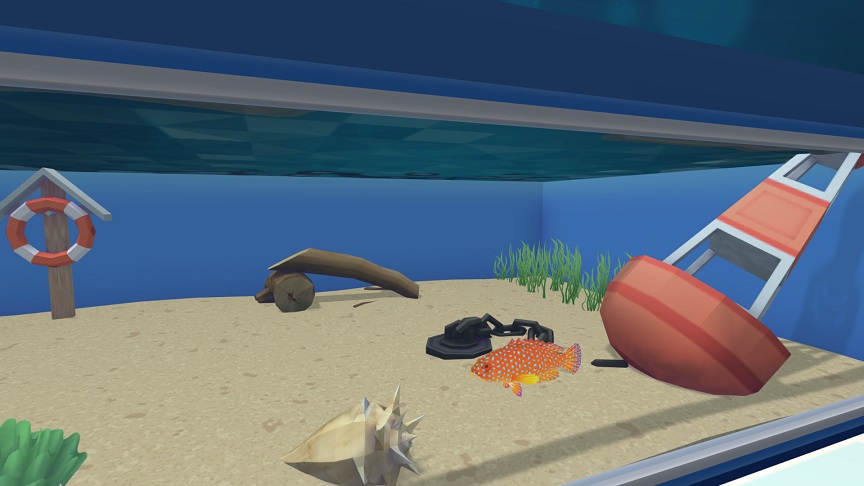 Een Rode Koraalbaars in zijn Aquarium, verder gevuld met een Zeeslakschelp, een Boei, een Reddingsboei en een houten Schuilplaats.