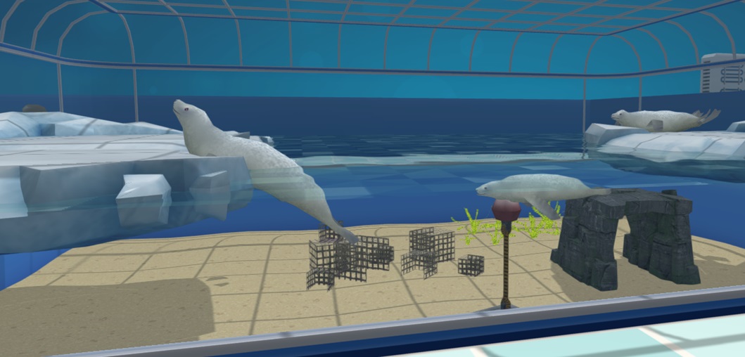 Links klimt een Krabbeneter-Zeehond op een ijsschots; rechts ligt een Krabbeneter op een ijsschots. Een derde Krabbeneter zwemt rechts onder water.