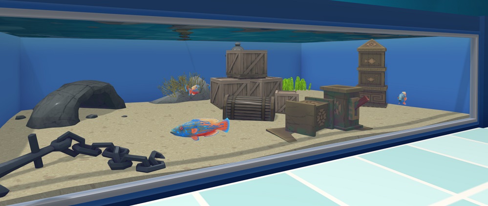Drie Koekoekslipvissen zwemmen in hun Muur-Aquarium. Links dient een Kleine Grot tot Schuilplaats.