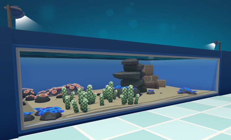 Een verlicht Muur-Aquarium, gevuld met vier blauwe Discosoma-Anemoonkolonies. Twee ervan zijn vrijstaand op een kleine Kei; de twee anderen zitten in het midden van de Waterbak vast op een Pitted Column. Een Krabbenval en Planten en Rotsen versieren het Aquarium.