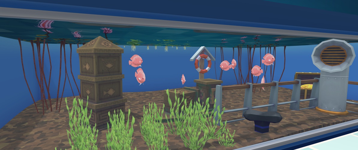 Acht roodgekleurde Dicusvissen zwemmen in hun Muur-Aquarium. Ter decoratie werden een Azteekse Zuil, Azteekse Blokken, een open Schatkist en een Schipsreling toegevoegd.