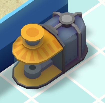 Een Double Filter naast een Aquariumwand. De Filter heeft links een deel dat eruitziet als de (gele) Eiwitafschuimers in Megaquarium; het rechtse deel ziet eruit als een (blauwe) Filter.