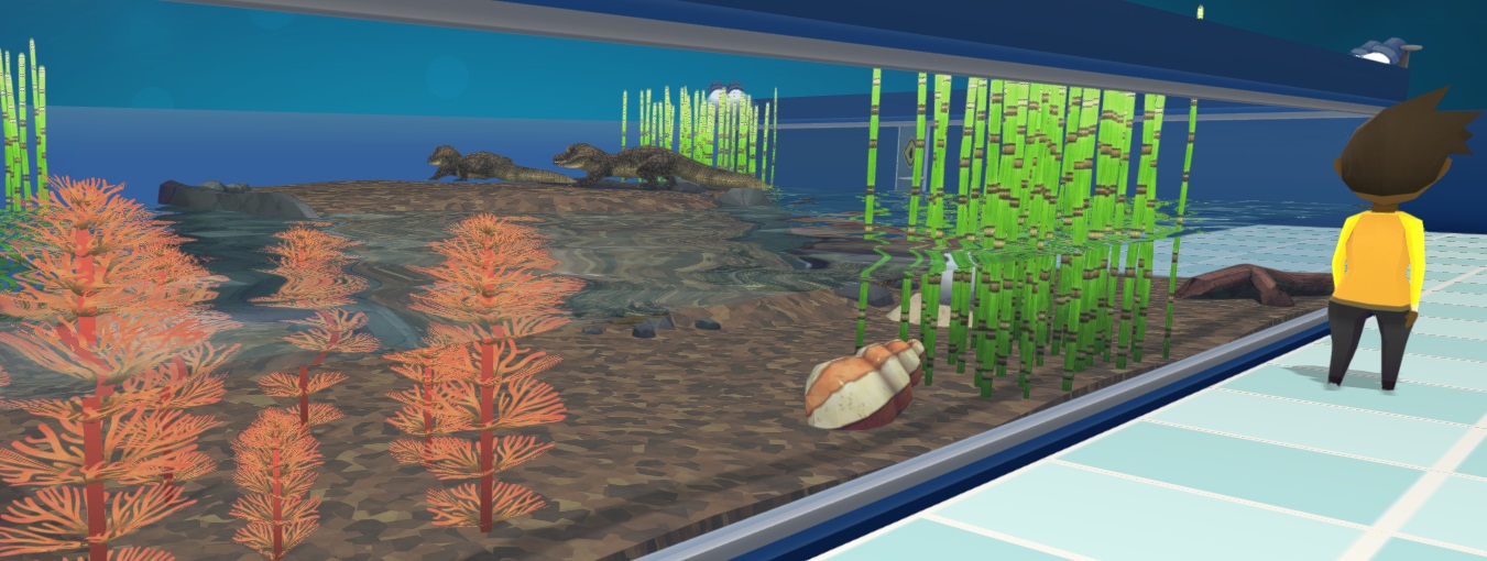 Een Medium Landaquarium, gevuld met diverse Planten en twee Breedvoorhoofdkrokodillen bovenaan op het Land-gedeelte. Een Bezoeker wandelt rechts weg van het Aquarium.