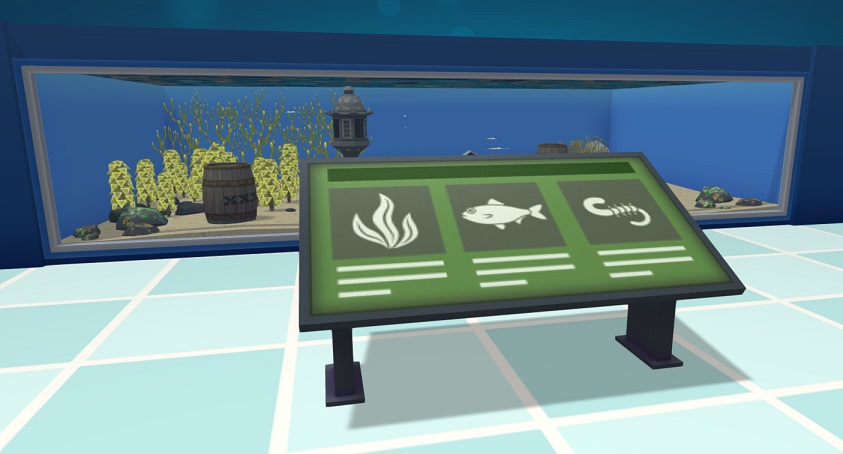 Een Ecologieposter voor een Aquarium. Op de poster zijn te zien van links naar rechts: een plant, een vis en een worm, alles op een groene achtergrond.