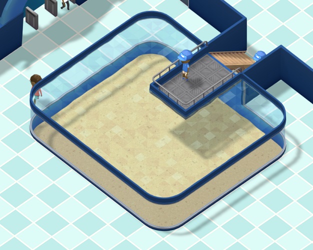 Een leeg voeder-Aquarium van bovenaf bekeken, met het kenmerkende voederplatform aan de rechterkant. Links staat een Bezoeker; op het voederplatform staat een Aquarist.