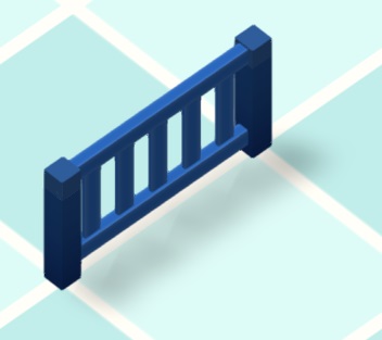 Een blauwe 'fence divider' met verticale spijlen.