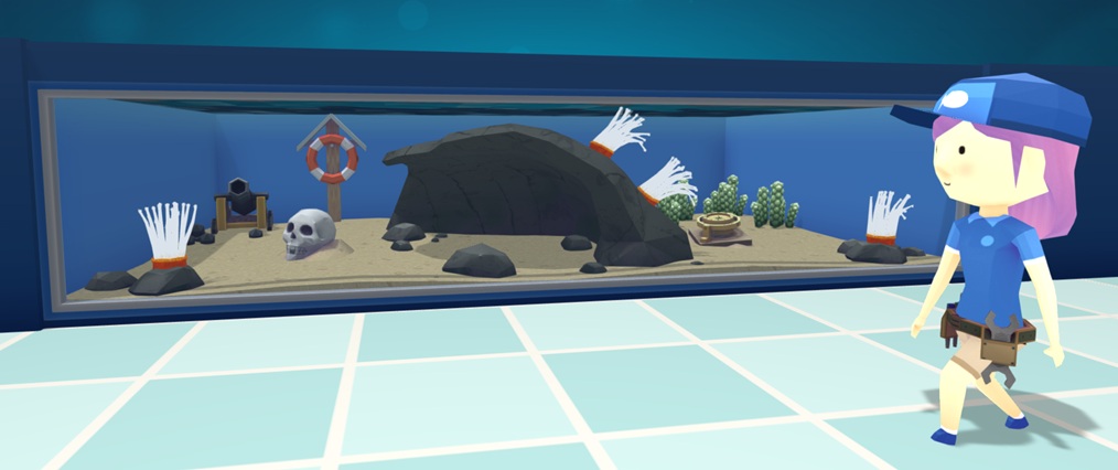 Een Aquarist-met-gereedschapsgordel wandelt voorbij een Muur-Aquarium met vier Fish-Eating Anemones. Twee ervan staan links en rechts op een Kei; de twee anderen staan bovenop een enorme Grot in het midden van de Waterbak. Een Schedel, een Kanon, een Reddingsboei, een Kompas en Sea grapes versieren het Aquarium. Er staan geen lichten op gemonteerd, daar deze Anemonen geen Belichting vereisen.