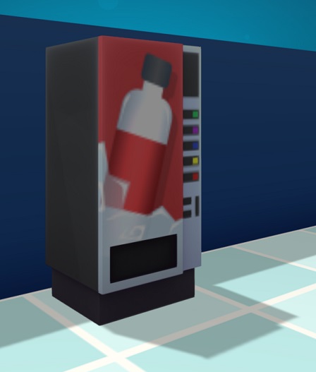 Een Fizzy Drankautomaat, met een enorme afbeelding van een drankfles-met-rood-etiket op een rode achtergrond. De drankfles staat in een hoop ijsblokjes.