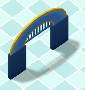 Een Flat Archway in standaardstijl: blauwe muurtjes en een lichtblauwe overspanning met een gele rand. Onder de overspanning zit een 'architraaf' met lichtblauwe, verticale spijlen.