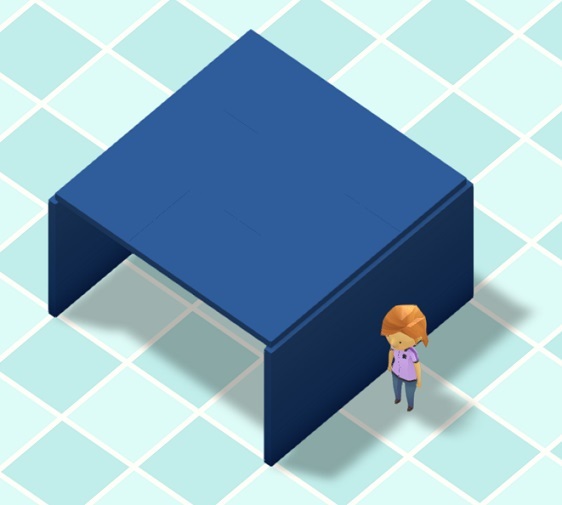 Een Bezoekster staat rechts naast een overspanning, bestaande uit Muurpanelen met Dakplaten erbovenop. Alles is in de (blauwe) standaardstijl geschilderd.