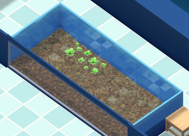Een Zoetwateraquarium met één Watersla-object erin. Zoals de Engelse naam aangeeft, drijft Watersla bovenaan je Aquarium, en rust het niet op de bodem. Je kan onder de Watersla geen extra Decoratie plaatsen.