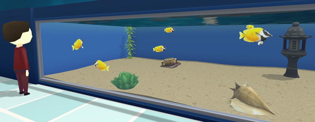 Een Bezoeker kijkt naar een Aquarium met zes Vossenkopvissen erin. De Vissen zijn geel, met een zwart/witte kop en voorkant. In het Aquarium liggen een Slakkenhuis, een Kompas en Lantaarn ter versiering.