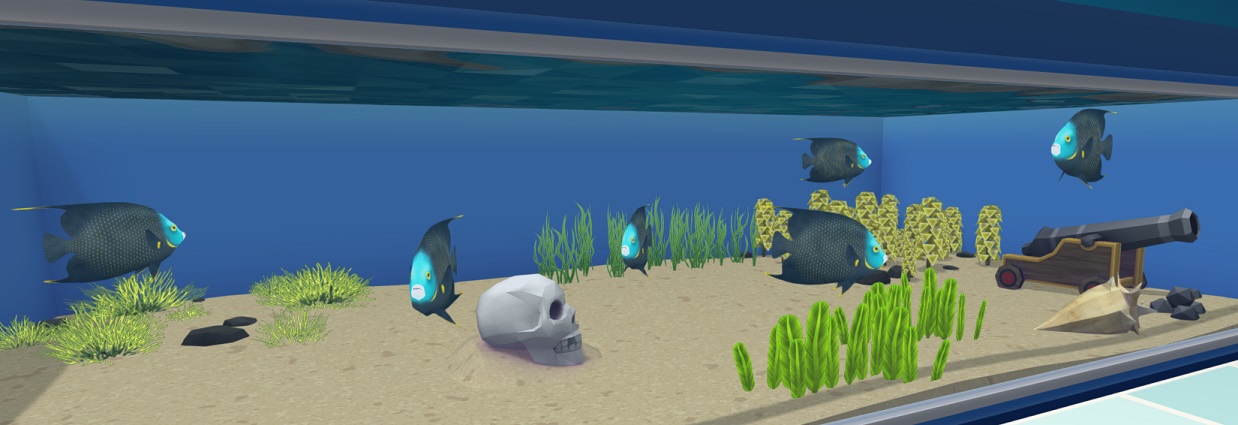 Een Aquarium met zes Franse Keizersvissen en, als versiering, een Kanon, een Schedel en een Slakkenhuis. De Vissen zijn Donkerblauw met lichtblauwe kop en gele accenten aan de vinnen.