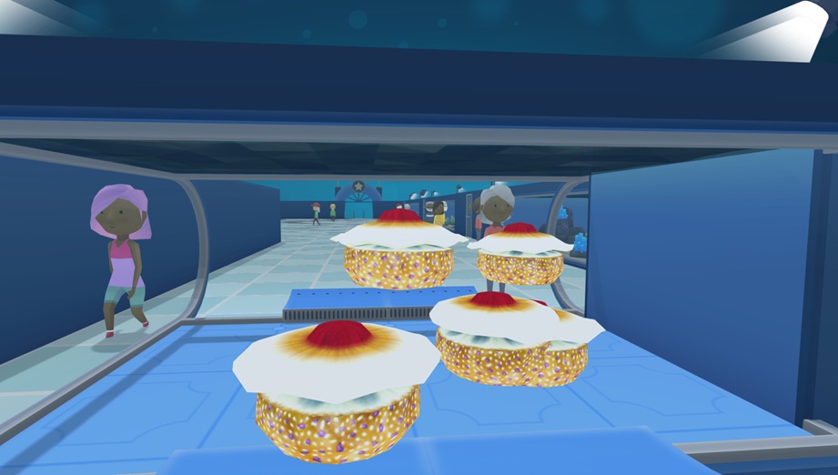 Zij-aanzicht van een verlicht Kreisel-Aquarium, gevuld met vijf Spiegeleikwallen. De Kwallen hebben een gespikkelde, gele onderkant, een witte bovenkant en daarop nog eens een rode, cirkelvormige 'top'. Bezoekers wandelen rond de Waterbak.