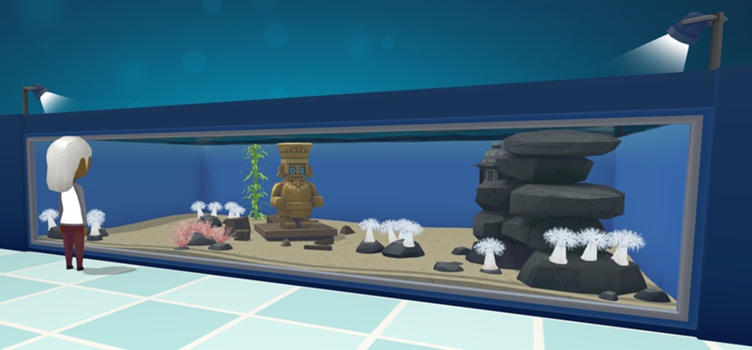 Een Bezoekster bekijkt een verlicht Muur-Aquarium van links. In de Waterbak bevinden zich vier witte Siamese Zeeanjelier-kolonies. Drie ervan staan op een Kei; de vierde staat rechtsonderaan een Pitted Column. Een Azteeks Standbeeld, een Lantaarn en diverse Planten versieren het Aquarium.
