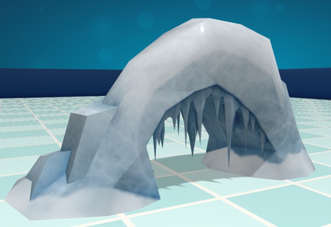 Een Boog, gemaakt uit ijs, met vele puntige Stalagmieten onder de boog.