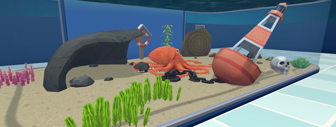 Een Reuzenkraak in zijn Aquarium, met een enorme Grot als schuilplaats en diverse Decoratie-Objecten, zoals een Scheepsboei, een Schedel en een Azteeks Rad aan de rechterkant.
