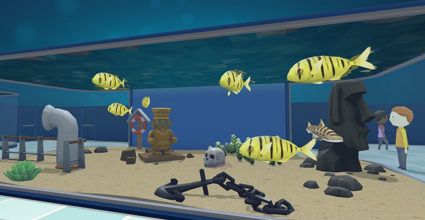 Zes Gouden Makrelen delen een groot Aquarium met een Luipaardhaai. De Gouden Makrelen zijn geel, met zwarte, verticale strepen op het lichaam.
