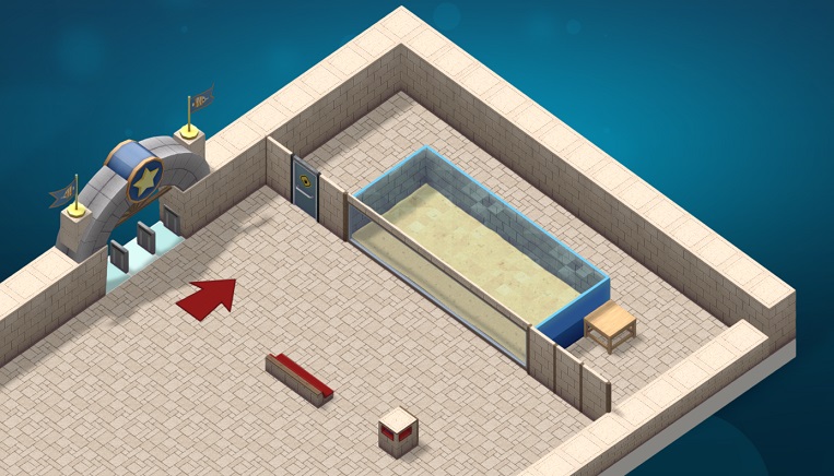 De Ingang, een Vloerpijl, een Aquarium, een Zitbankje en een Vuilnisbak, alles 'geschilderd' in de eerste Griekse 'paint'.