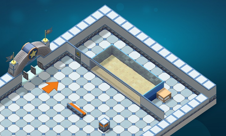De Ingang, een Vloerpijl, een Aquarium, een Zitbankje en een Vuilnisbak, alles 'geschilderd' in de tweede Griekse 'paint'.