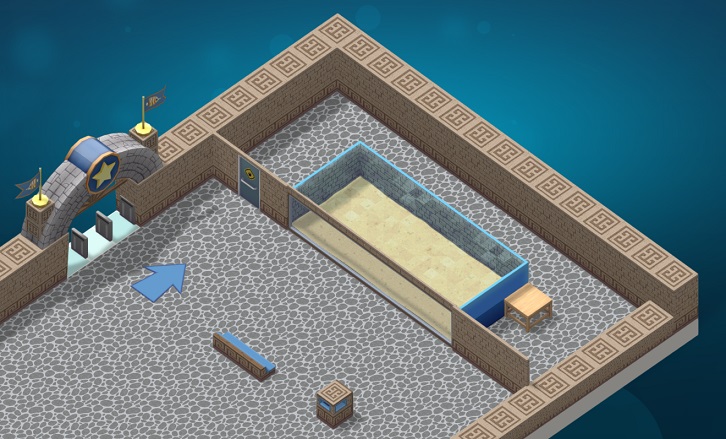 De Ingang, een Vloerpijl, een Aquarium, een Zitbankje en een Vuilnisbak, alles 'geschilderd' in de derde Griekse 'paint'.