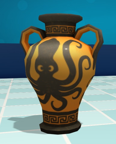 Een oranjegele Griekse Pot, met een scheelkijkende Octopus erop geschilderd. De Pot heeft twee handvatten, en is boven-en onderaan met spiraalvormige patronen versierd.