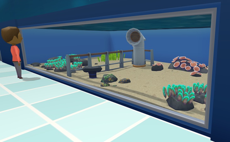 Een Bezoeker bekijkt een Muur-Aquarium met verschillende 'Green Mussels' vanaf de linkerkant. Een Schipsreling en diverse Rotsen en Planten zorgen voor decoratie.